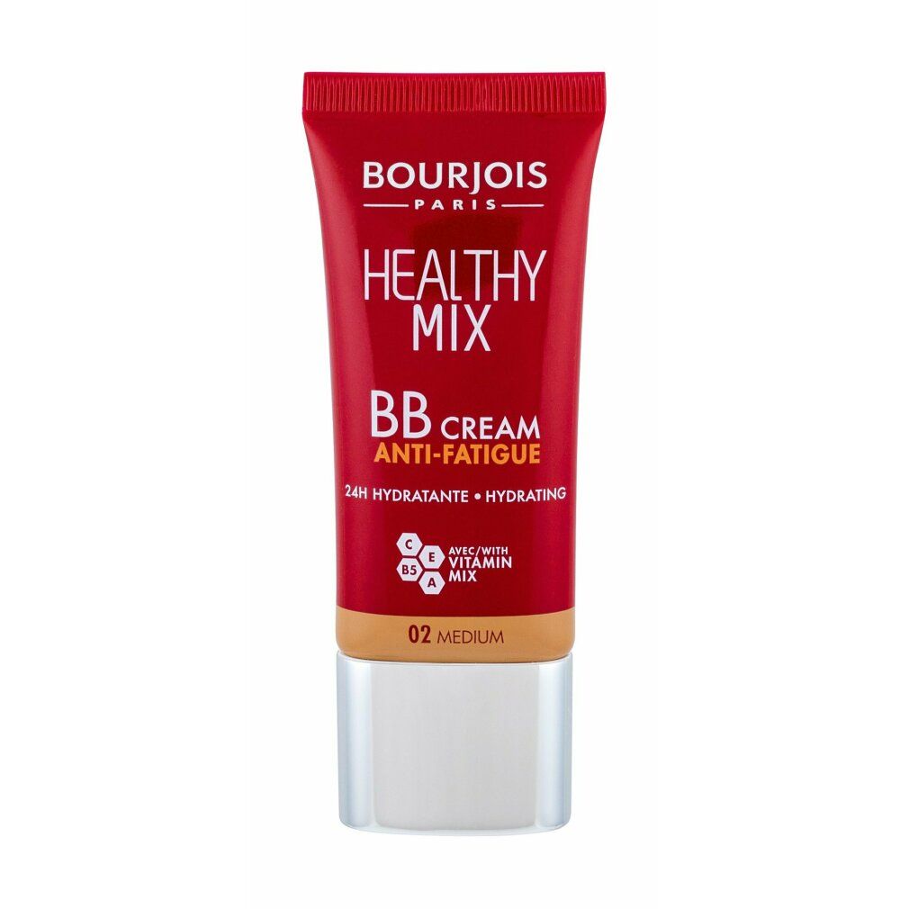 Rote Tube Bourjois Healthy Mix BB Cream 02 Medium. Text: Healthy Mix, BB Cream Anti-Fatigue, 24H Hydratante + Hydrating.