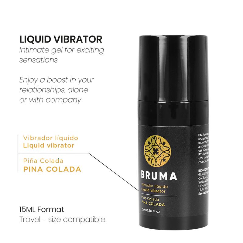 Schwarze Flasche mit Bruma Logo, 15ml Liquid Vibrator Piña Colada.