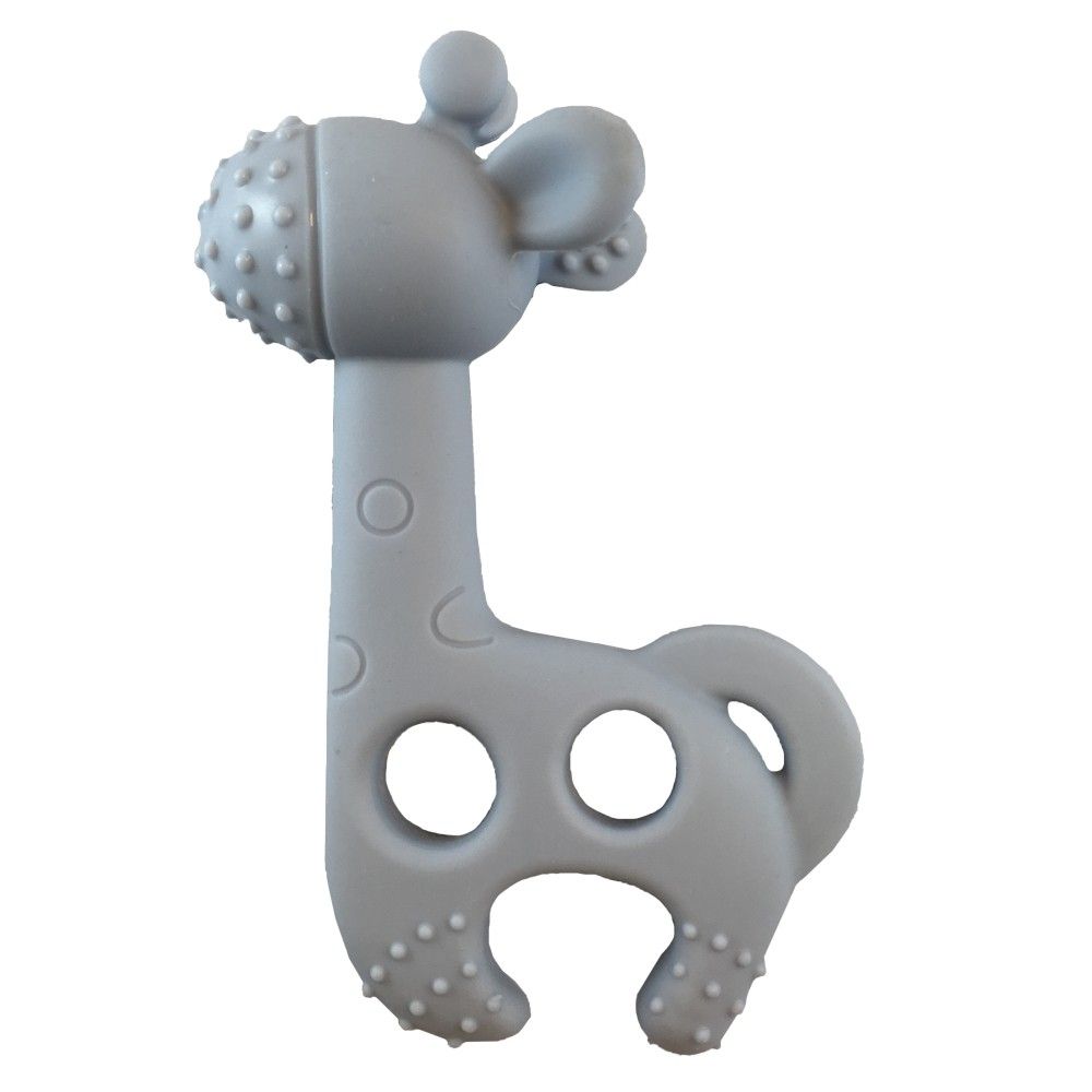 Grauer Beißring in Giraffenform mit Noppen. Ohren, Kopf, Hals und Beine sind erkennbar.