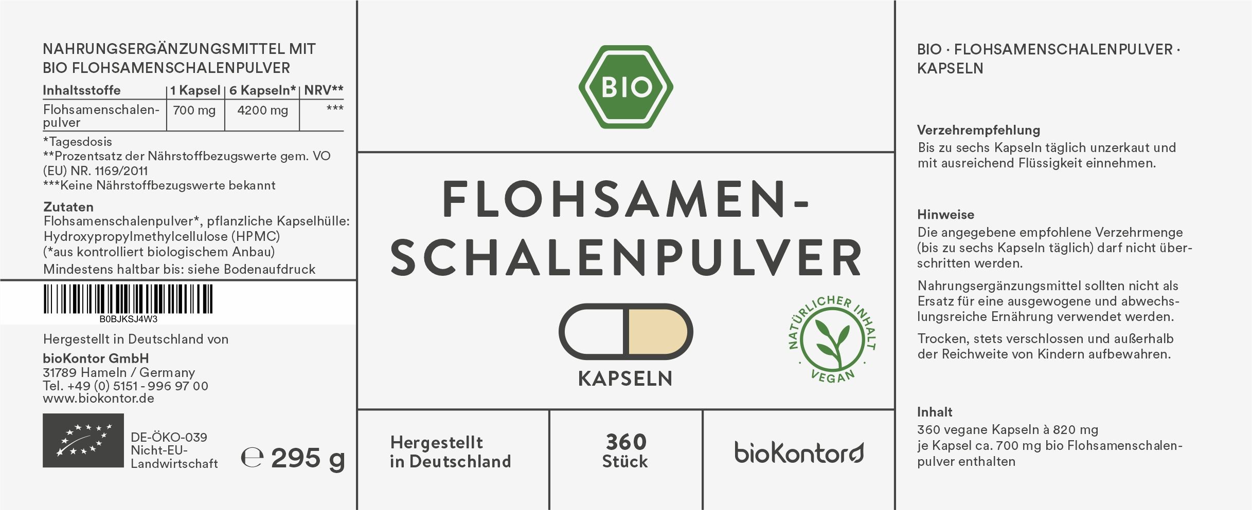 bioKontor Flohsamenschalen Kapseln 295 g