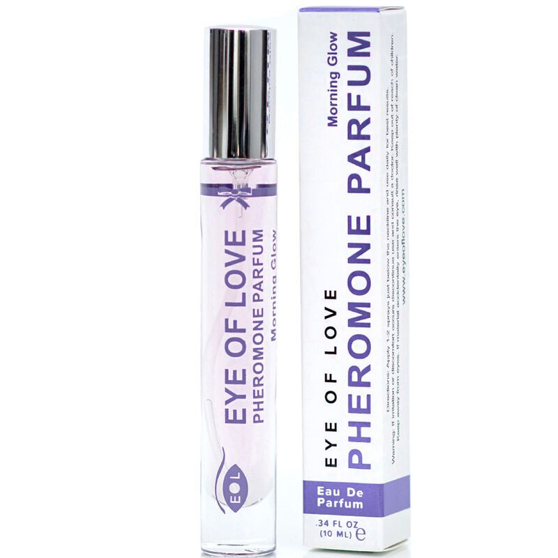 Parfumflakon und Schachtel. Aufschrift: EYE OF LOVE Pheromon Parfum. Flakon mit Zerstäuber, transparente Flüssigkeit. Schachtel mit lila Akzenten.