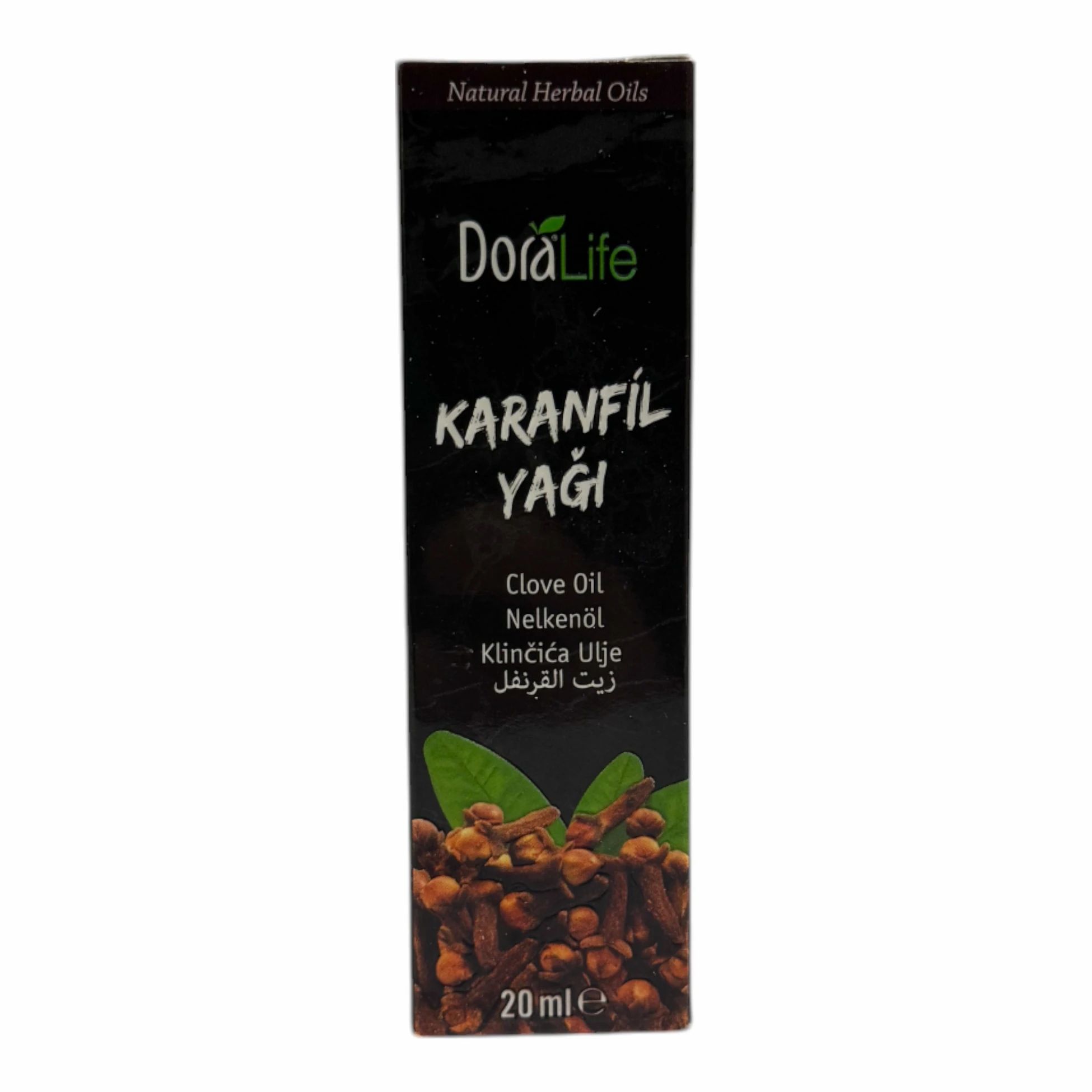 DoraLife Nelkenöl-Verpackung. Schwarzer Karton mit Produktnamen und Inhaltsangaben. Unten Nelken und Blätter.
