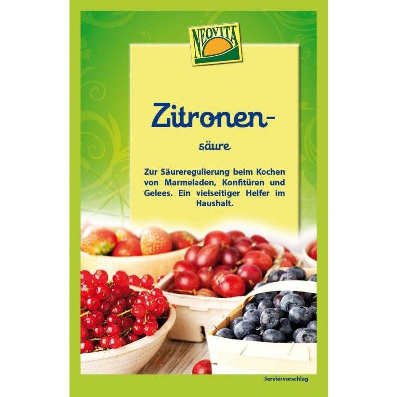 Verpackung mit NeoVita Zitronensäure. Text: Zitronensäure, zur Säureregulierung beim Kochen. Früchte in Körben.
