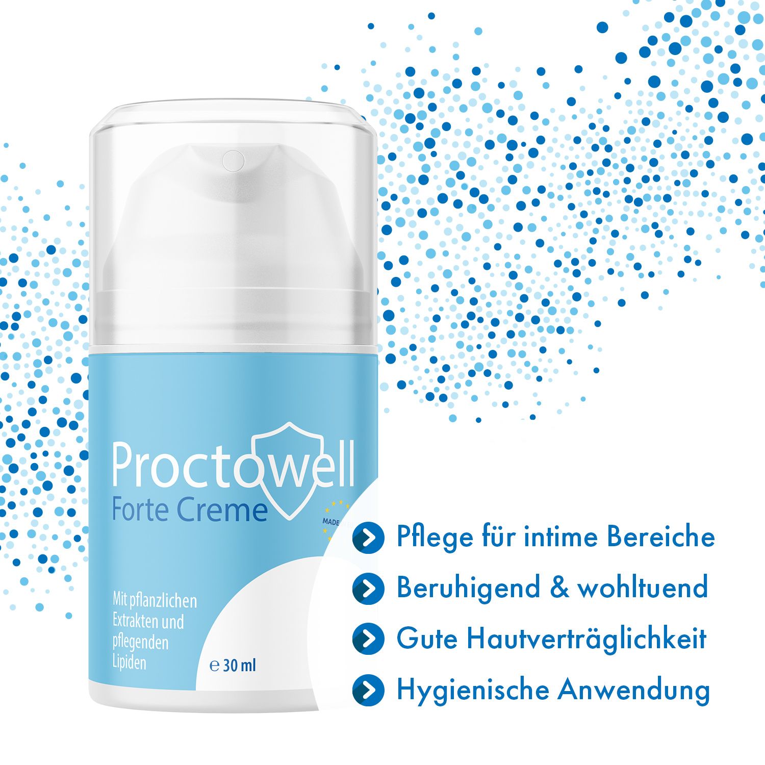 Creme-Spender mit blauen Punkten im Hintergrund. Text: Proctowell Forte Creme. Pflege für intime Bereiche, beruhigend, gute Hautverträglichkeit.