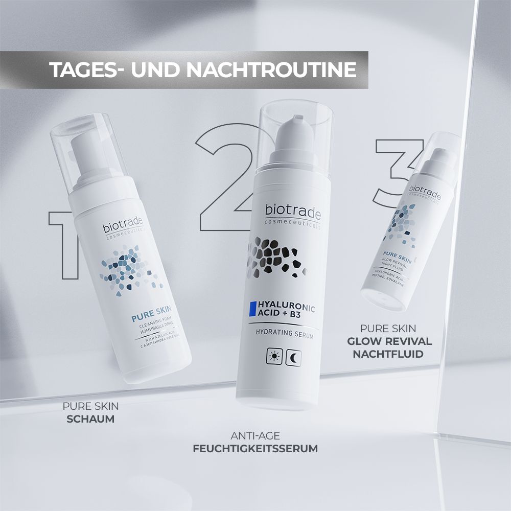 Drei Produkte: Reinigungsschaum, Serum und Nachtfluid. Das Serum ist das Produkt mit Hyaluronsäure + B3.