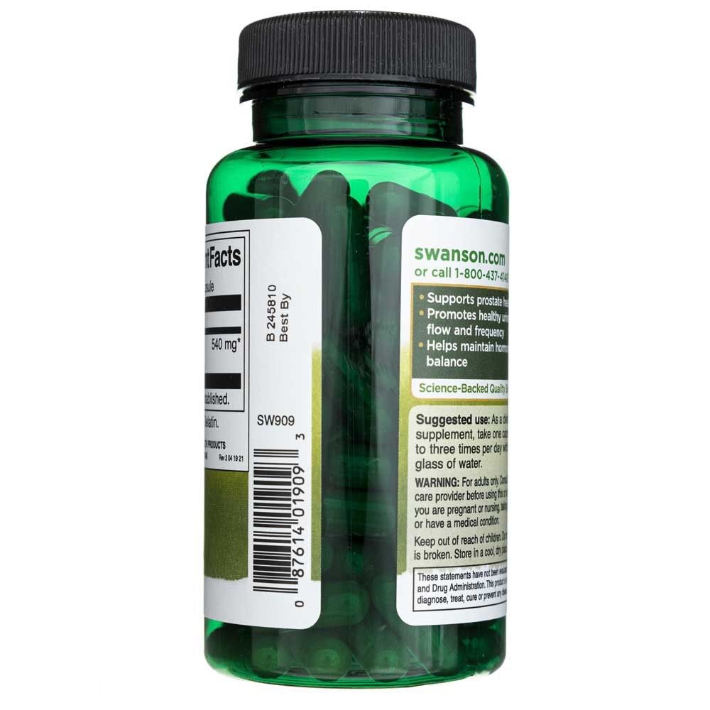 Seitenansicht einer grünen Flasche Saw Palmetto Kapseln, Inhalt sichtbar.