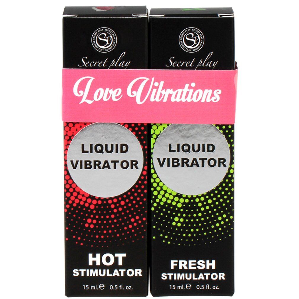 Zwei schwarze Schachteln mit "Secret Play Love Vibrations"-Logo. Aufschrift: "Liquid Vibrator", "Hot Stimulator" und "Fresh Stimulator".
