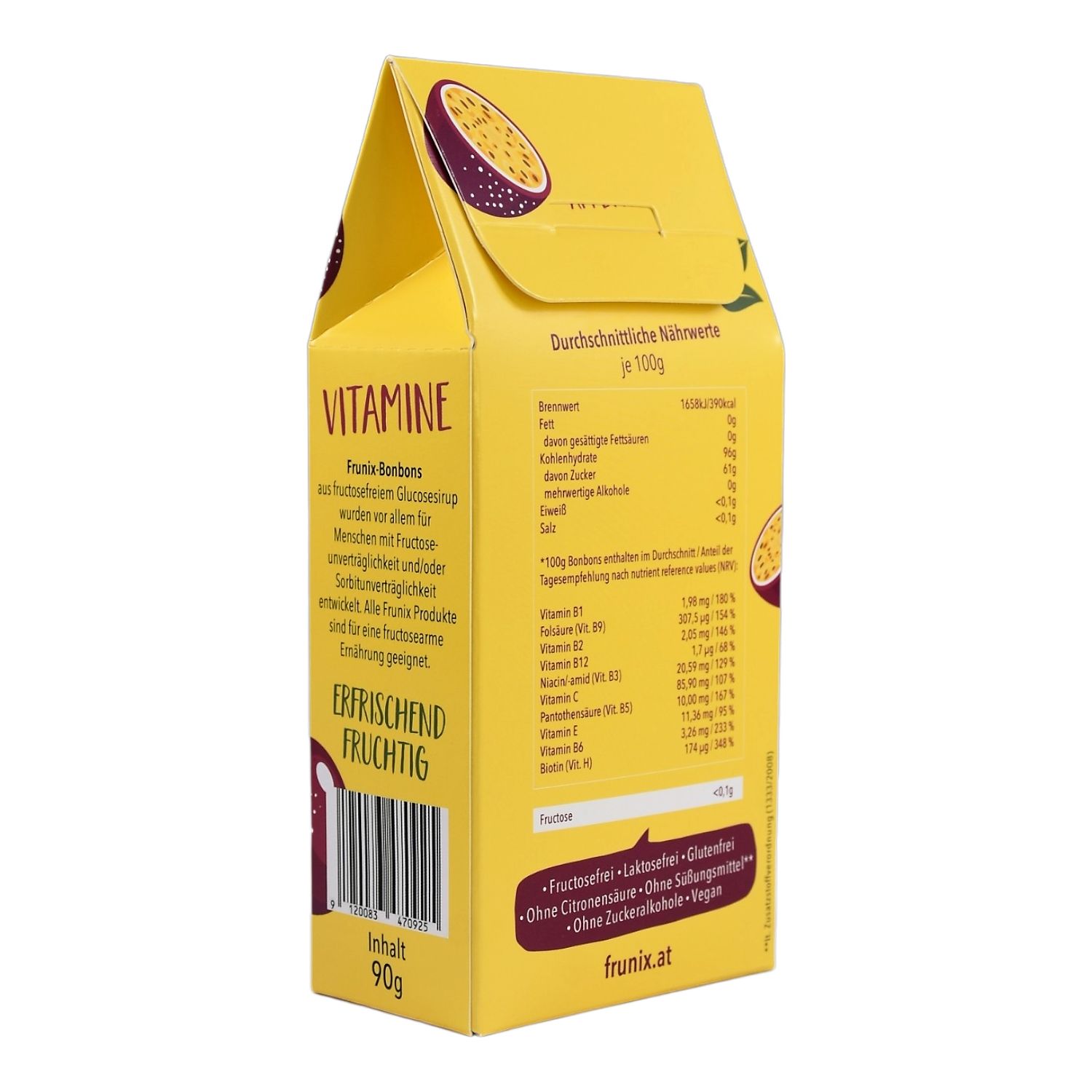 Gelbe Verpackung mit Text. Aufschrift: Vitamine, Frunix Bonbons, erfrischend fruchtig. Nährwerttabelle. Enthält 90g.