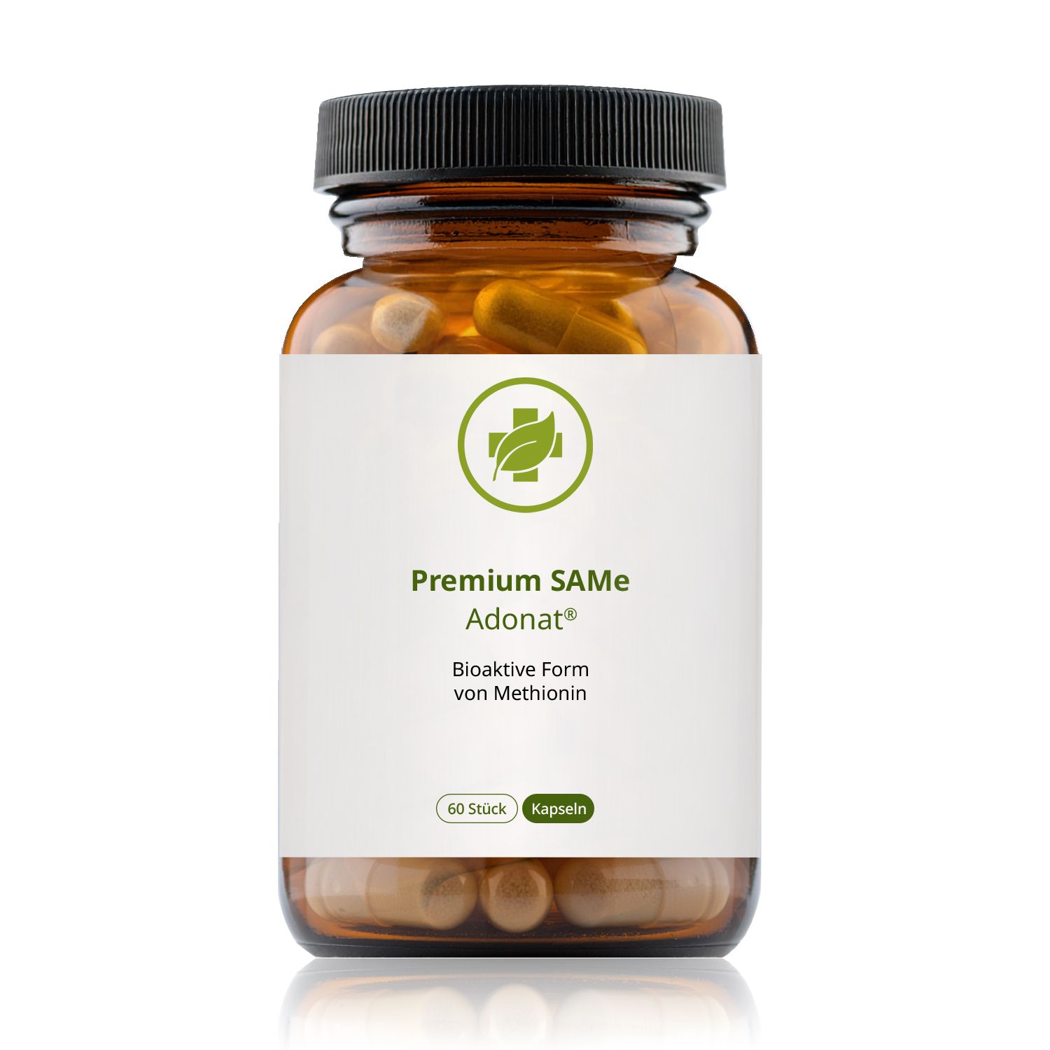 Braune Glasflasche mit weißen Kapseln und Etikett. Aufschrift: Premium SAMe Adonat, Bioaktive Form von Methionin. 60 Stück Kapseln.