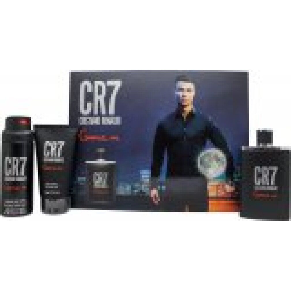 CR7 Geschenkset. Enthält Eau de Toilette, Duschgel und Spray. Schwarze Verpackung mit Cristiano Ronaldo.