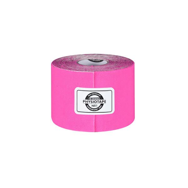 Rolle pinkfarbenes Kinesiotape. Auf der Vorderseite ein weißes Etikett mit der Aufschrift "PhysioTape N°1".
