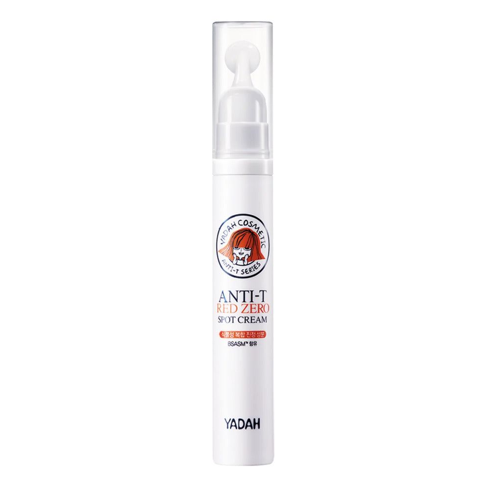 Weißer Spot Cream-Tuben mit transparentem Applikator. Aufschrift: ANTI-T RED ZERO SPOT CREAM. Marke: YADAH.