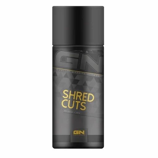 Schwarze Dose mit goldfarbenem 'SHRED CUTS'-Schriftzug und 'GN'-Logo. Zylindrische Form mit schwarzem Deckel.