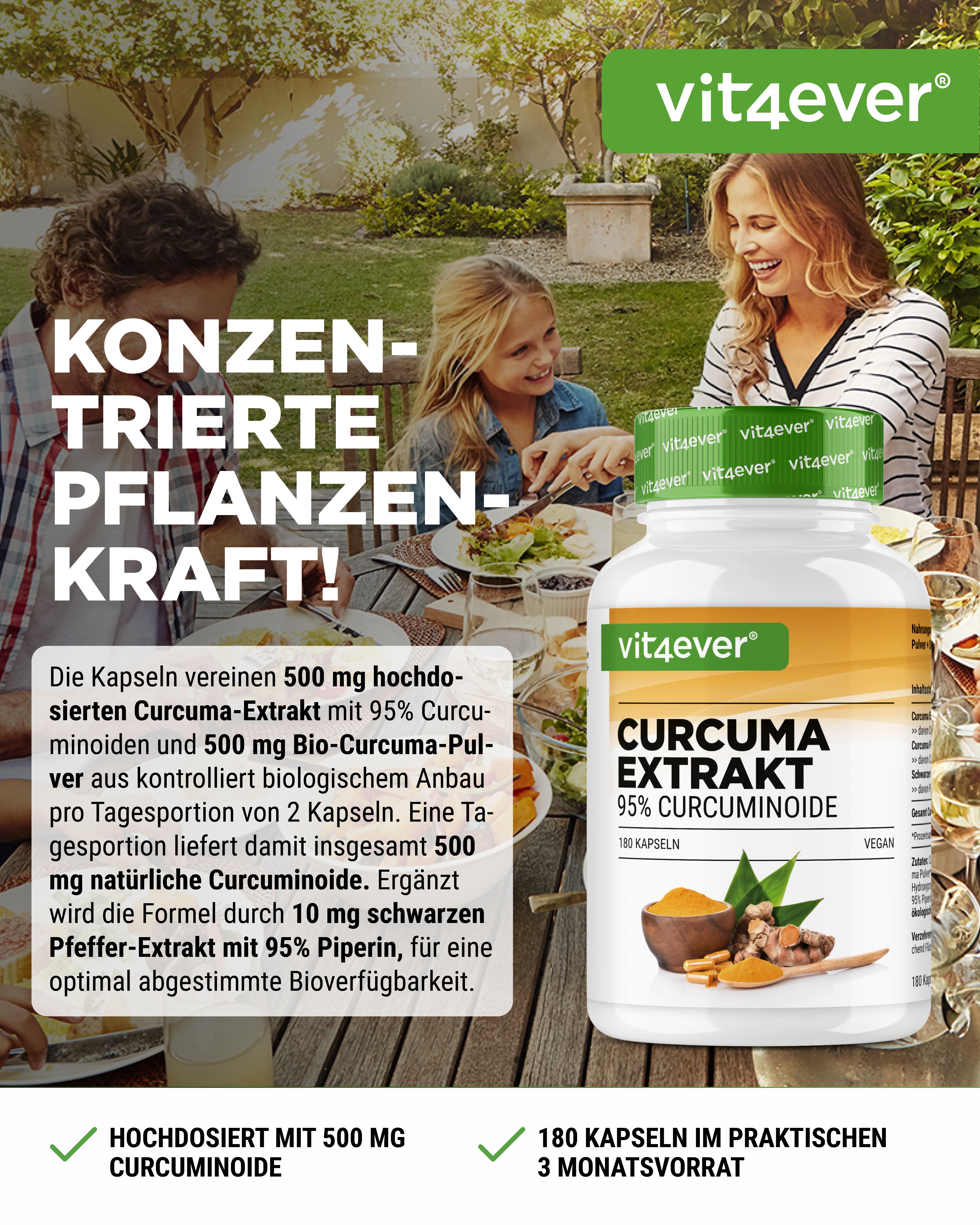 Flasche "Curcuma Extrakt" mit 180 Kapseln. Personen sitzen an einem Tisch. Text: Konzentrierte Pflanzenkraft!