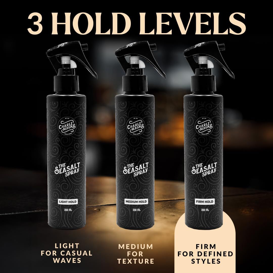 Drei Flaschen Charles Magnus The Seasalt Spray: leicht, mittel und fest für verschiedene Frisuren.