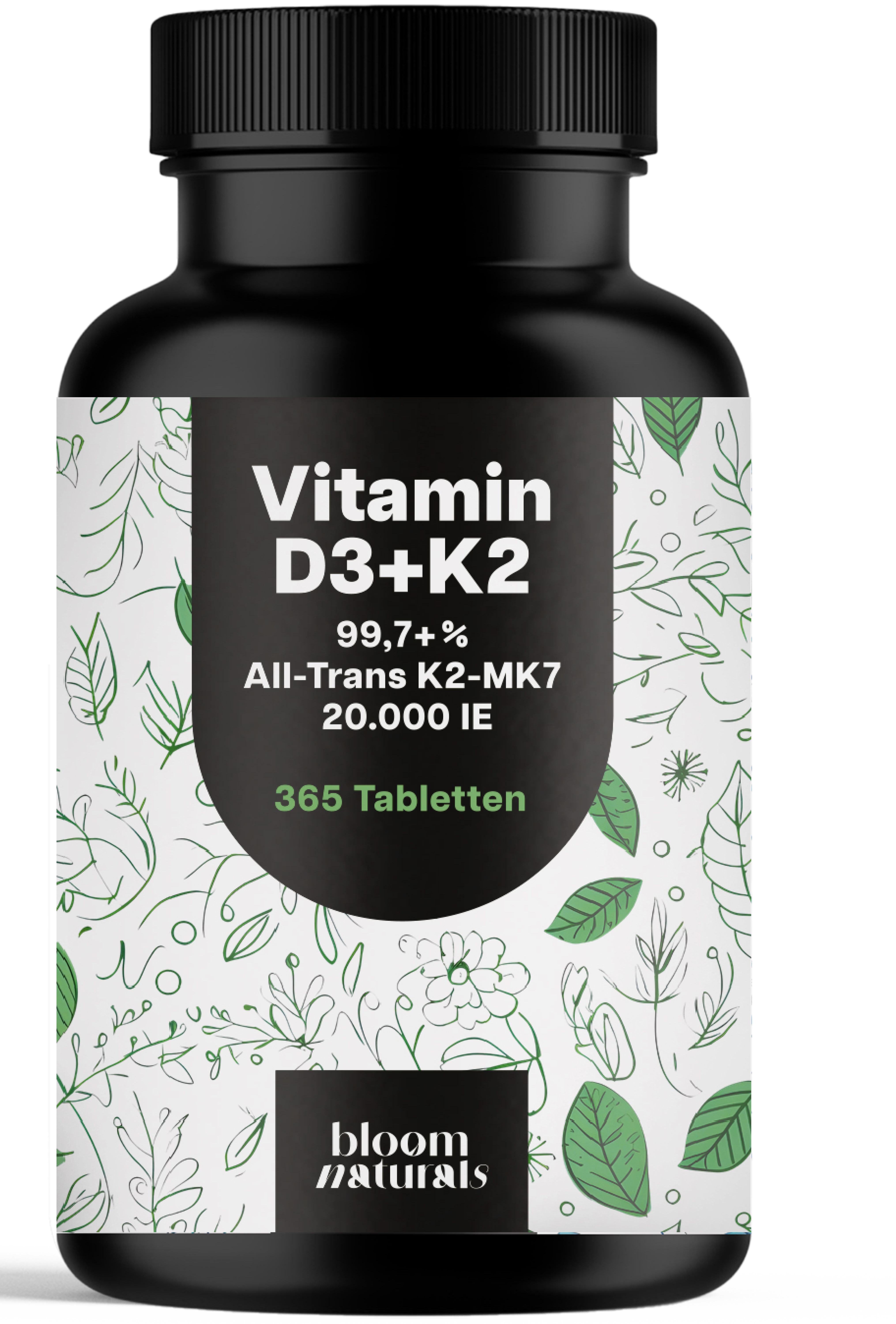 Schwarze Flasche mit Vitamin D3+K2 Tabletten. Aufschrift: 365 Tabletten, 20.000 IE, Bloom Naturals.