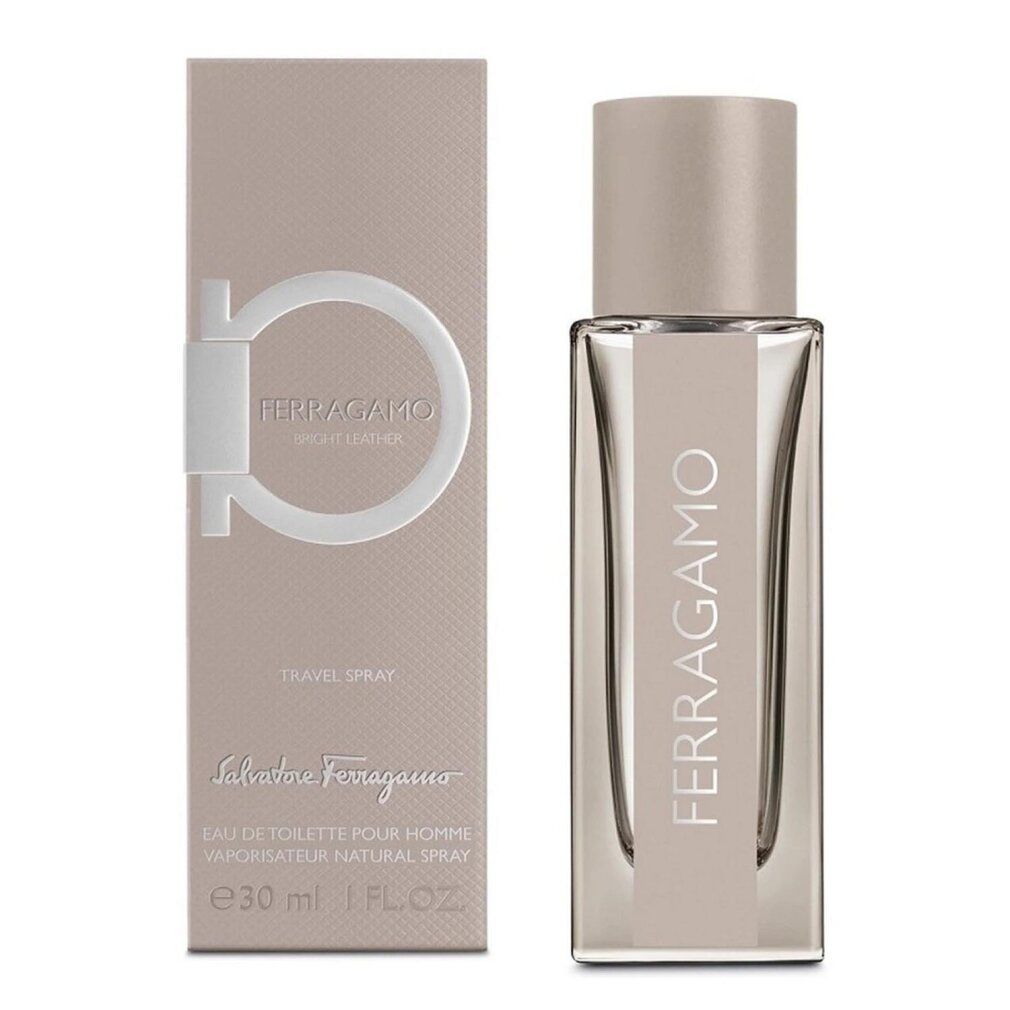 Ferragamo Bright Leather Eau de Toilette Reisestrahler (30ml) neben der Umverpackung.