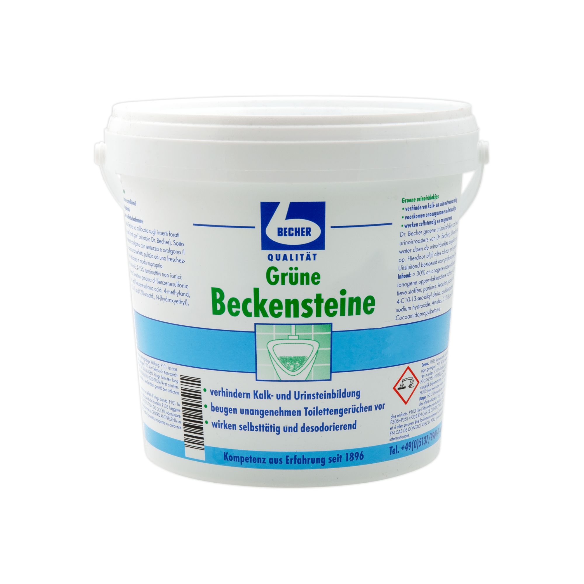 Weißer Eimer mit blauem Streifen und Produktbezeichnung: Grüne Beckensteine. Marke Becher. Text: verhindert Kalk- und Urinsteinbildung.