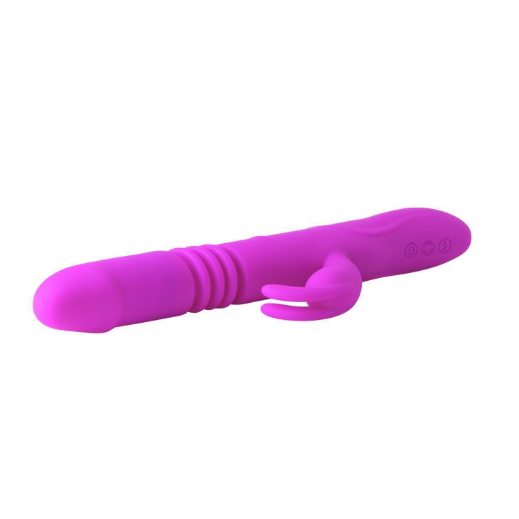 Lila Vibrator mit Kaninchenohren. Zylindrischer Schaft mit geriffelter Textur. Drei Knöpfe.