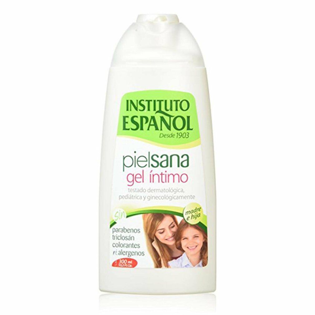 Weißliche Flasche mit grünem Etikett. Aufschrift: Instituto Español, pielsana gel íntimo. Bild von Mutter und Kind. 200 ml.