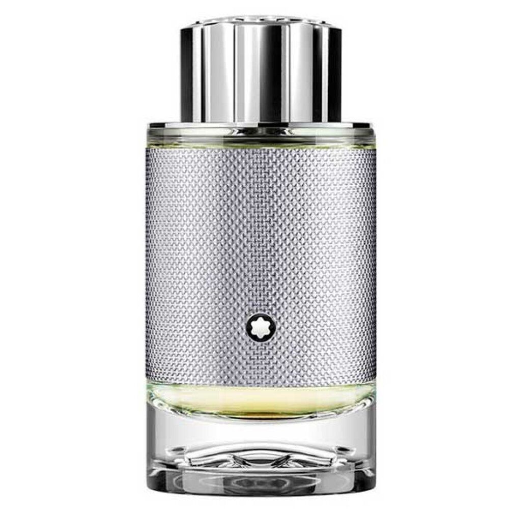 Montblanc Explorer Platinum Eau de Parfum Flakon mit silbernem, texturiertem Gehäuse und silbernem Verschluss.