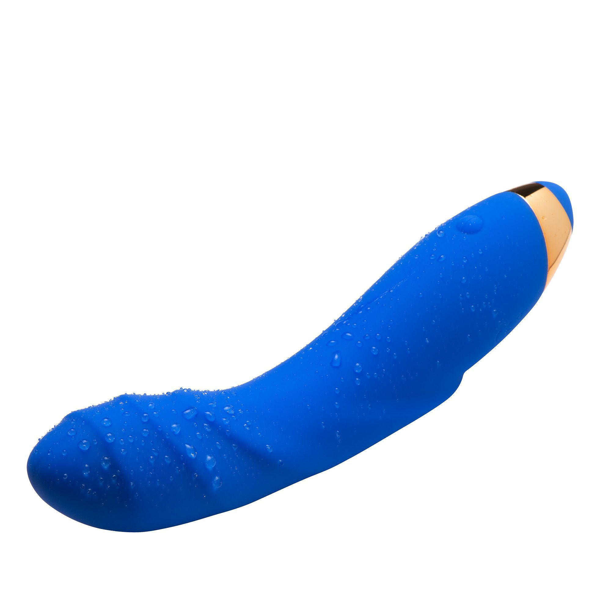 Blauer Vibrator mit Wassertropfen und geriffelter Oberfläche, goldene Spitze.