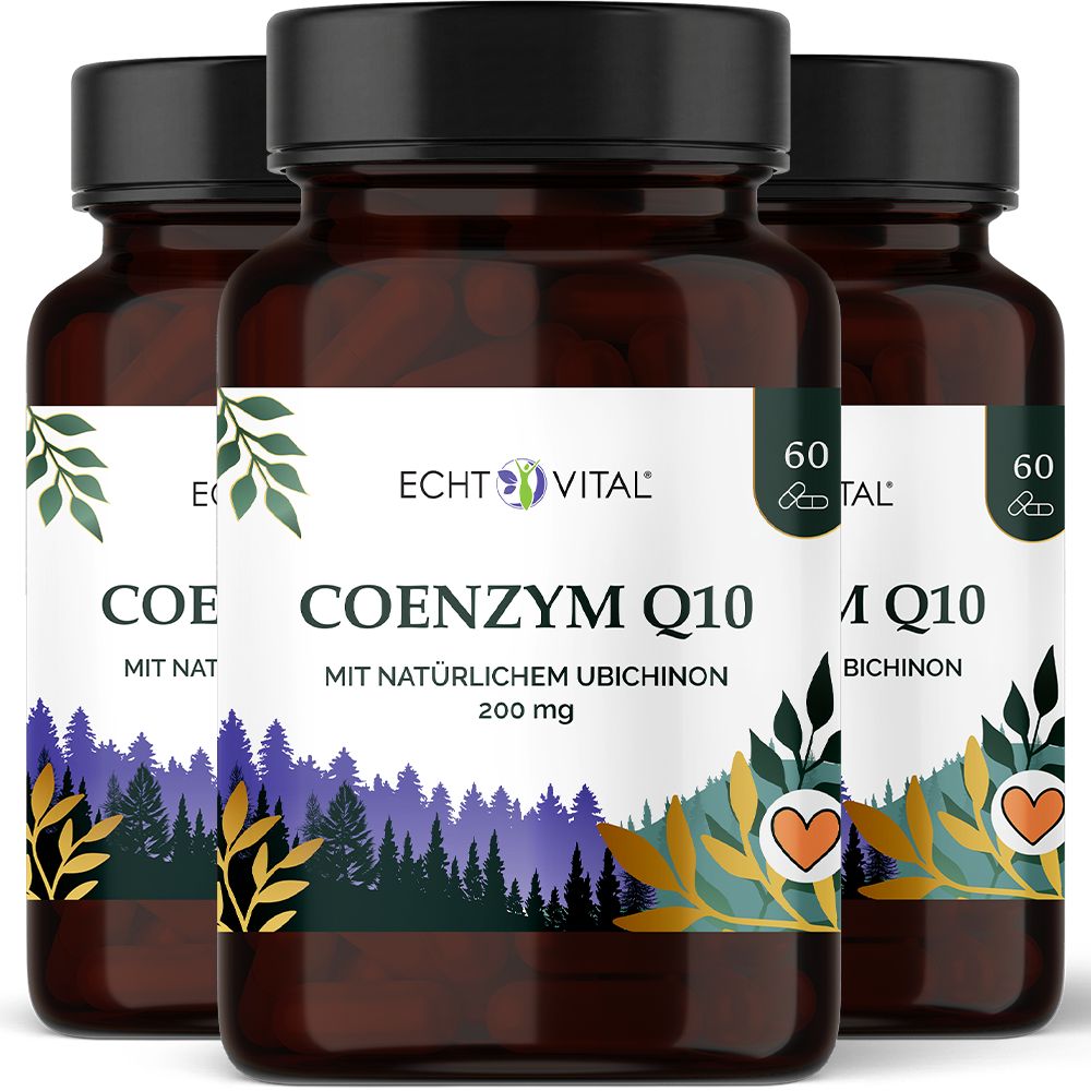 Drei Flaschen Coenzym Q10 von Echt Vital mit 60 Kapseln und 200 mg Ubichinon pro Kapsel.