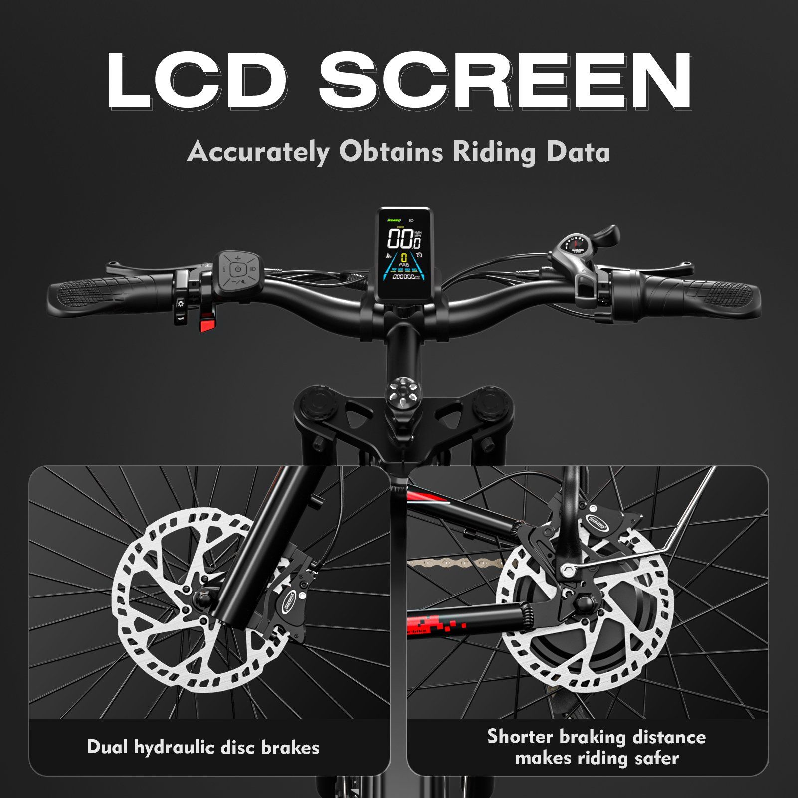 E-Bike-Cockpit mit LCD-Bildschirm. Hydraulische Scheibenbremsen. Detailansicht.