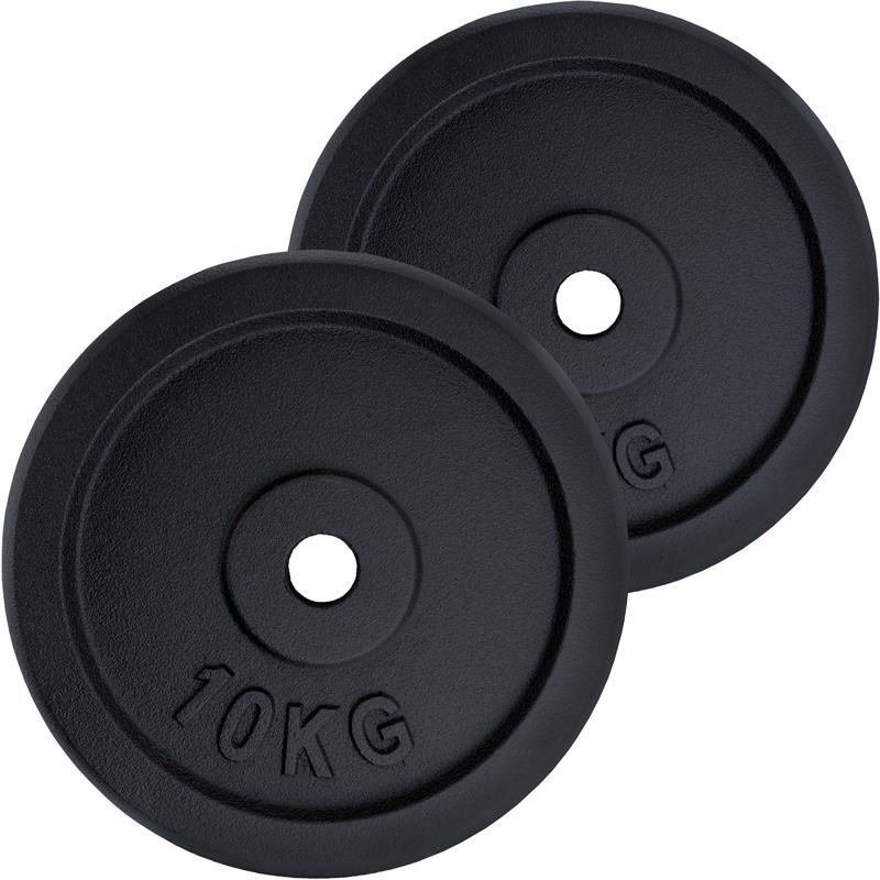 Zwei schwarze Hantelscheiben. Jede Scheibe hat ein Loch in der Mitte und die Prägung "10KG".
