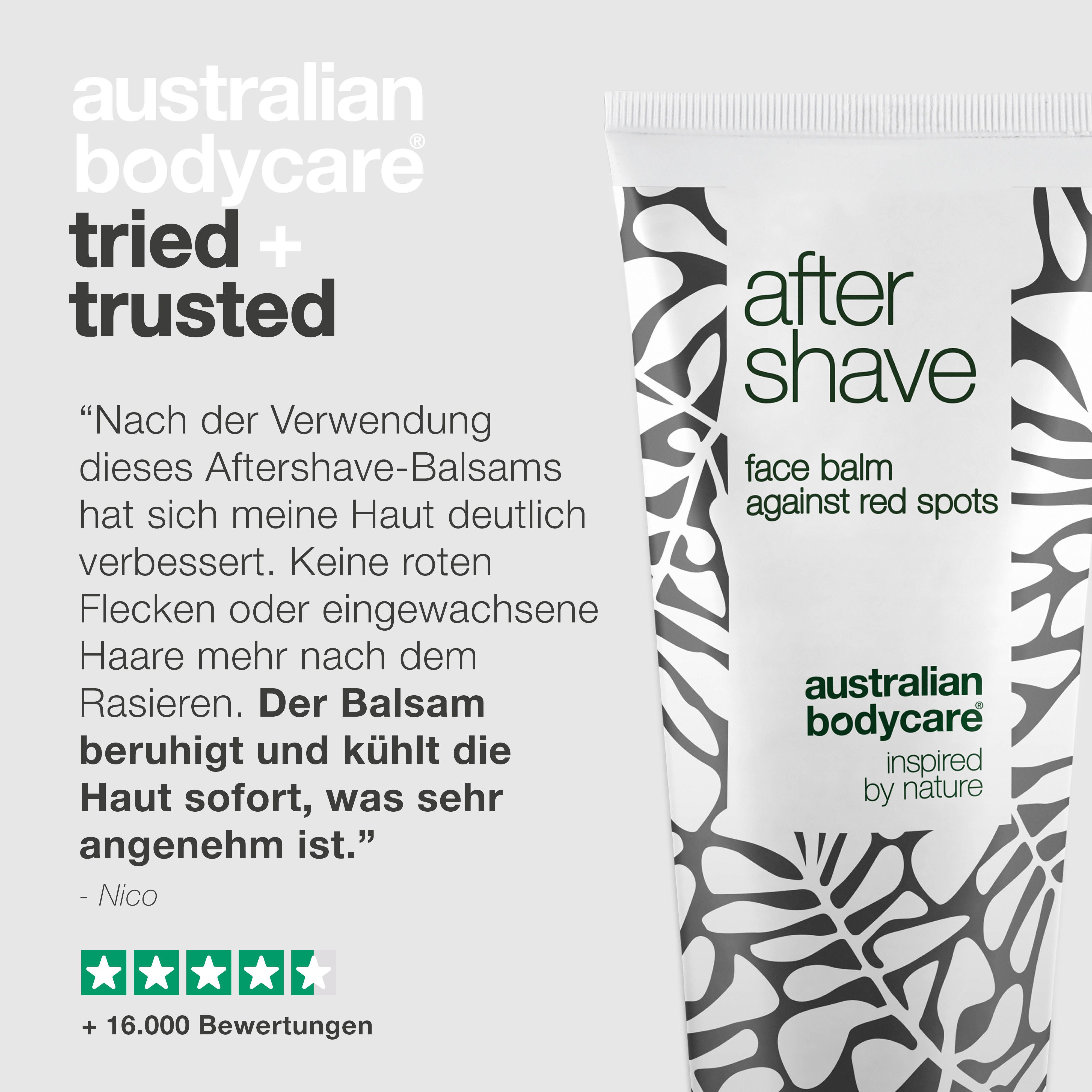 Tube After Shave Balsam. Text: After Shave, face balm against red spots, Australian Bodycare. Zitat und Sternebewertung.