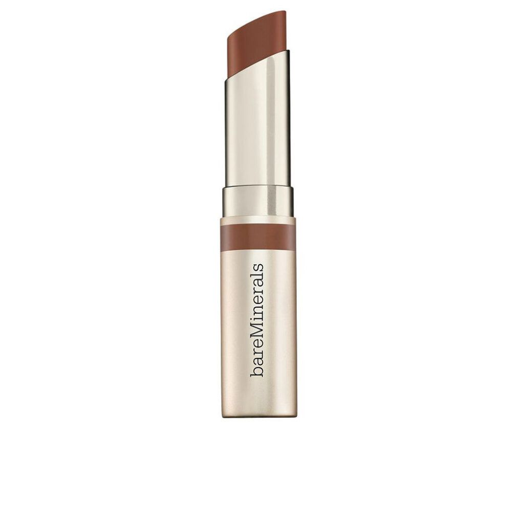 Lippenbalsam in goldfarbener Hülse, geöffnet. Sichtbare Lippenstiftspitze in Braun. Marke: bareMinerals.
