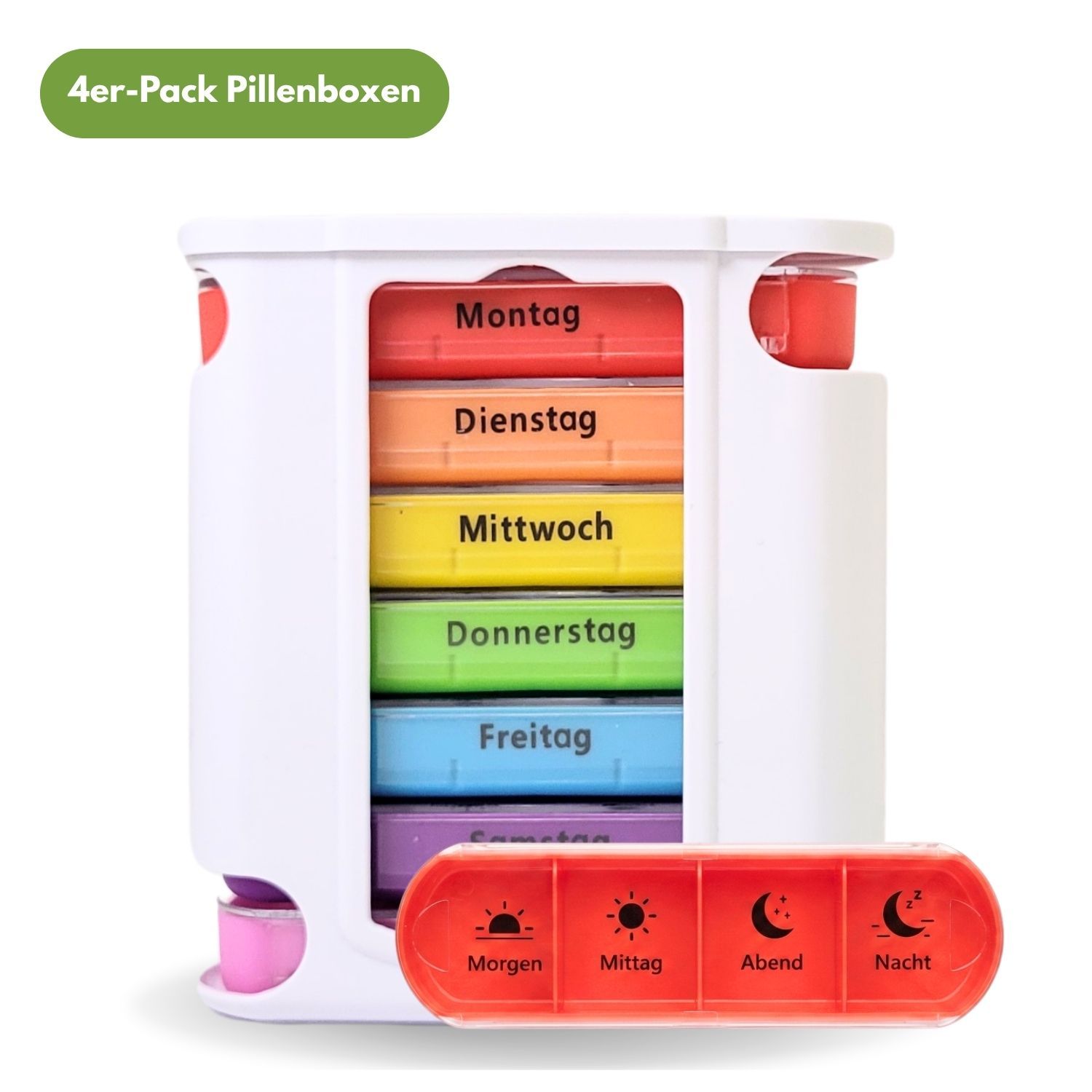 Pillenbox mit 7 Fächern, farbig markiert für Wochentage. Zusätzliche Box für Tageszeiten. Weißes Gehäuse.