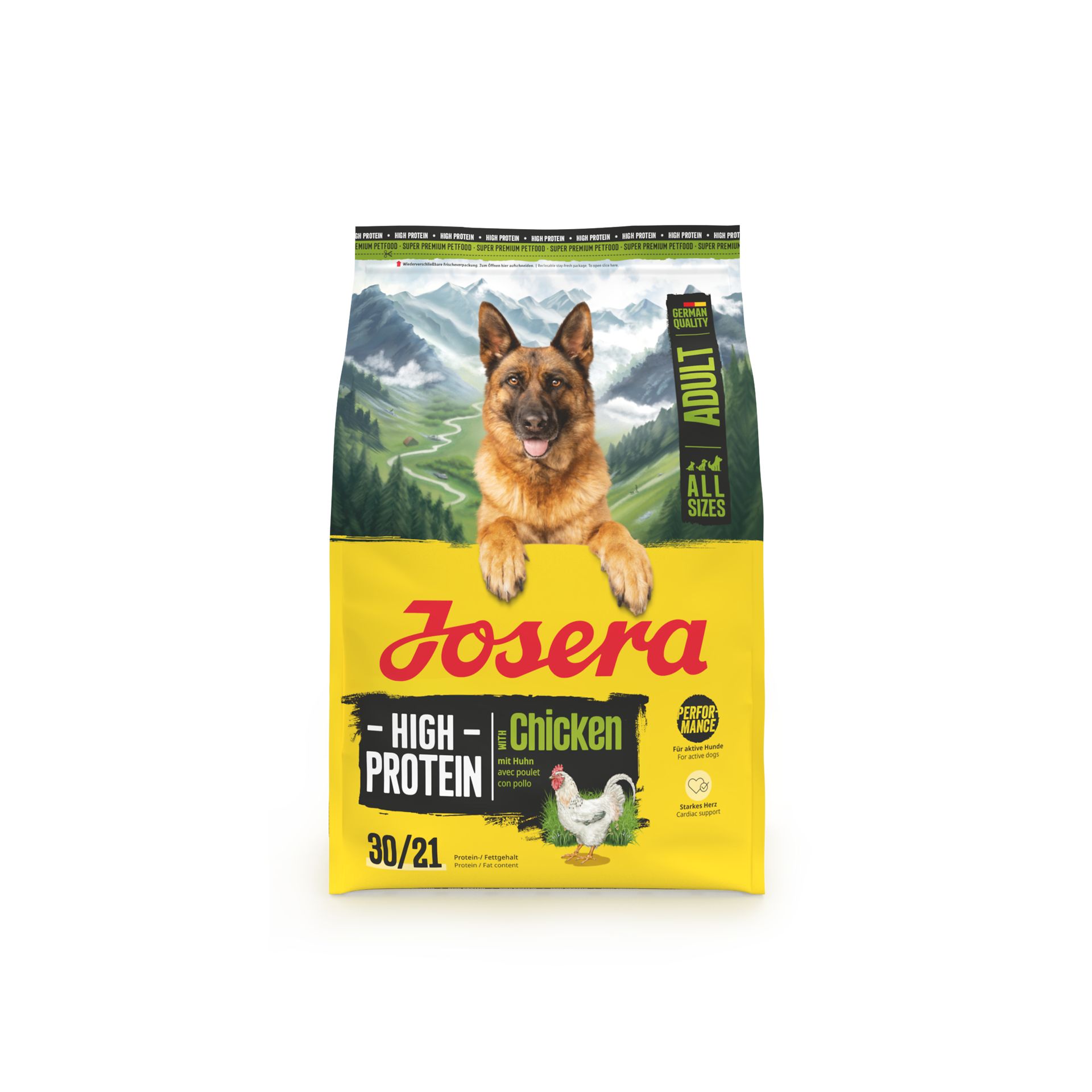 Josera High Protein Huhn Hundefutter-Sack mit einem Deutschen Schäferhund und Berglandschaft.