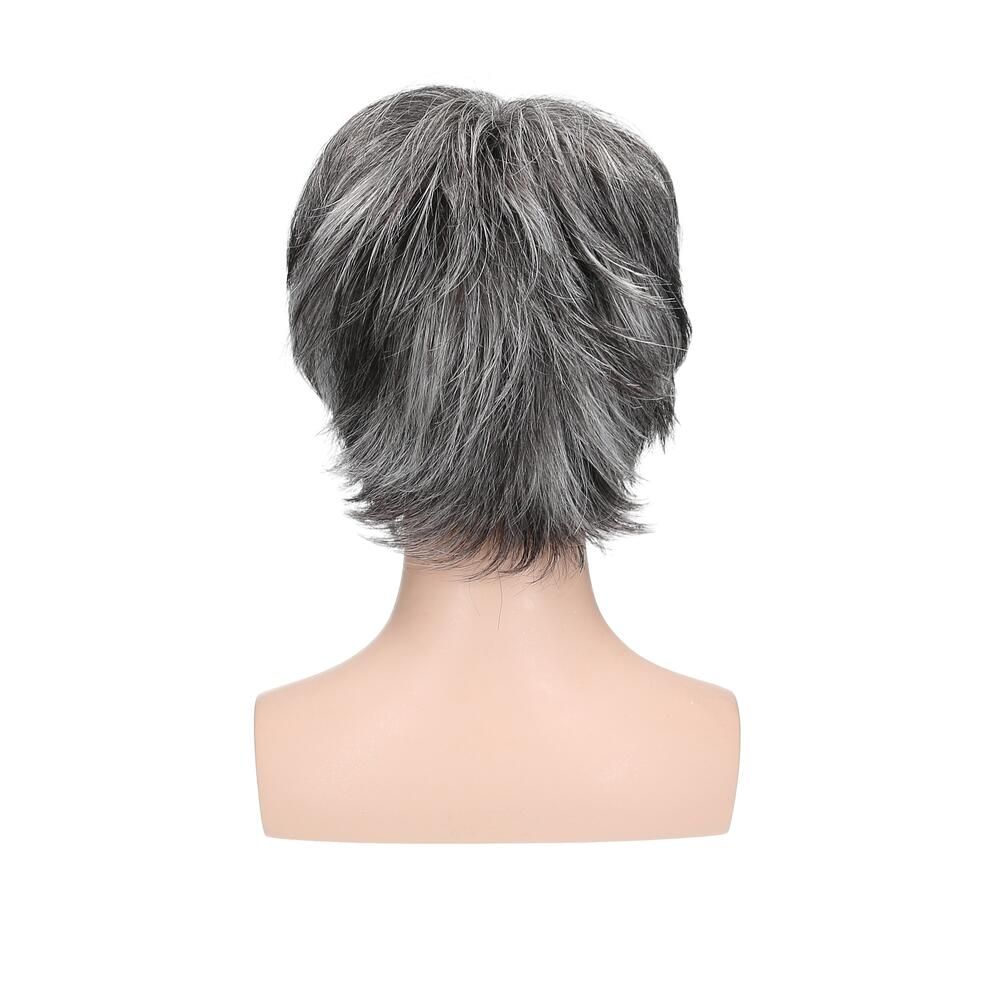 Perücke Mary von Lofty auf einer Büste. Rückansicht. Kurzes, graues Haar. Die Büste zeigt einen Hals.