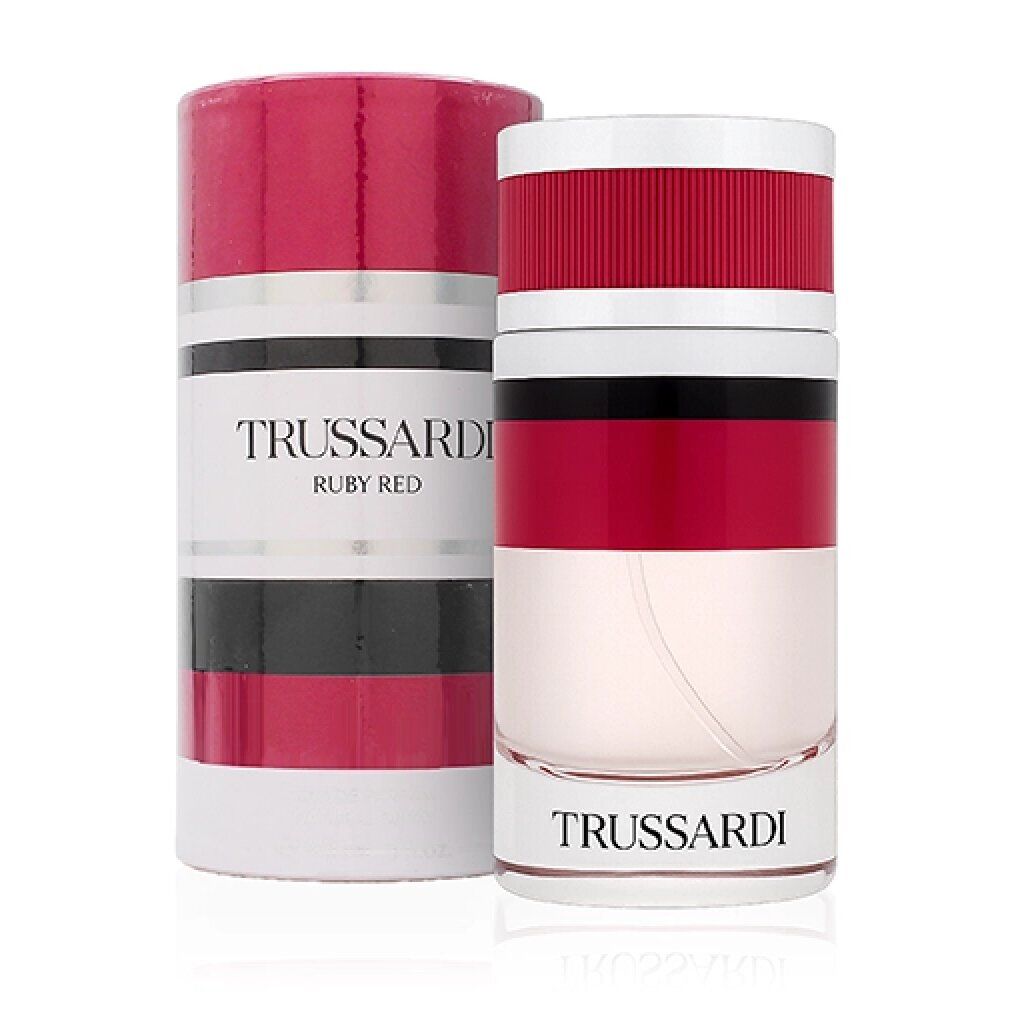 Zylindrische Flasche und Verpackung. Rot, Silber und Weiß. Aufschrift: TRUSSARDI RUBY RED.