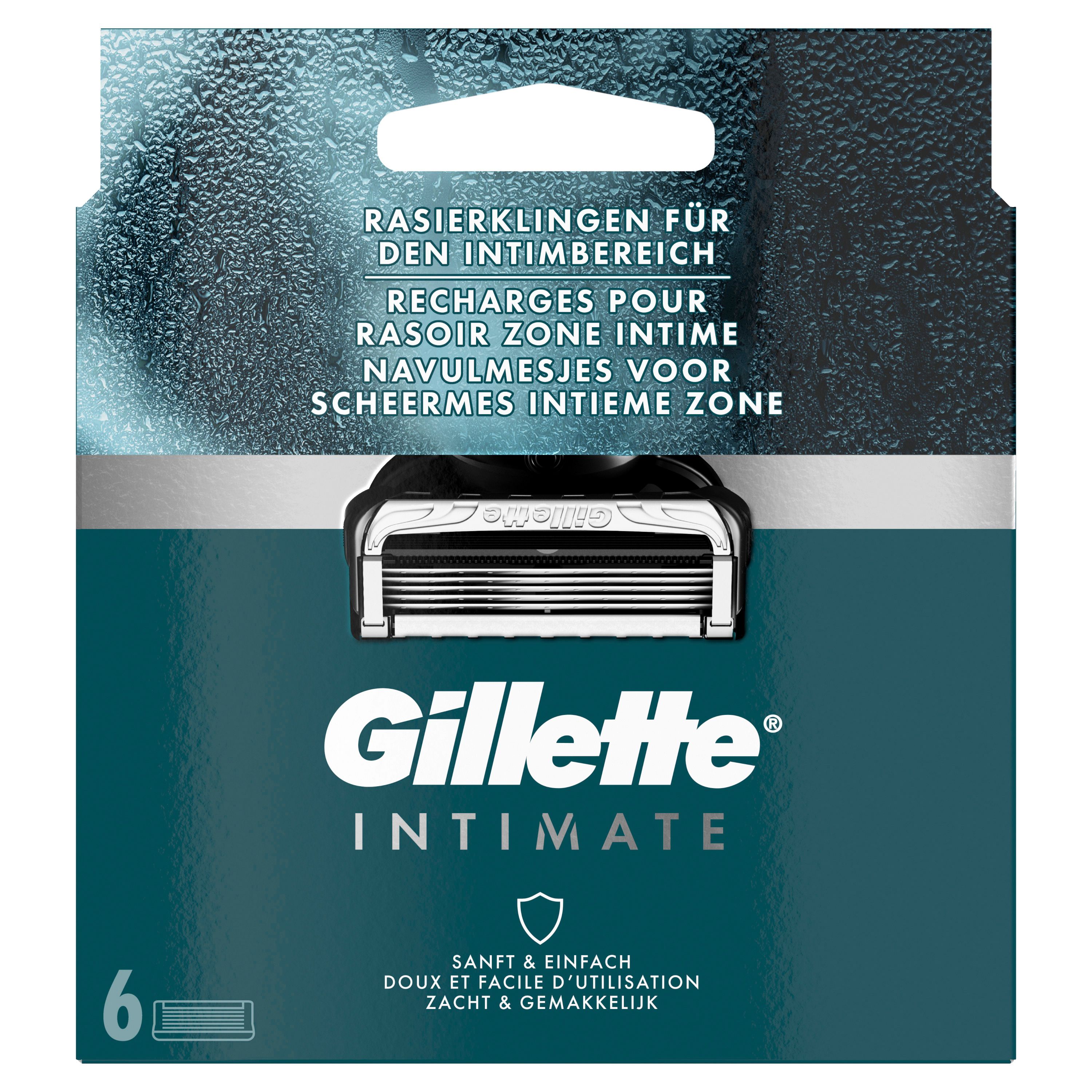 Gillette Intimate Rasierklingen-Verpackung, Vorderseite mit 6 Ersatzklingen und Markenschriftzug.