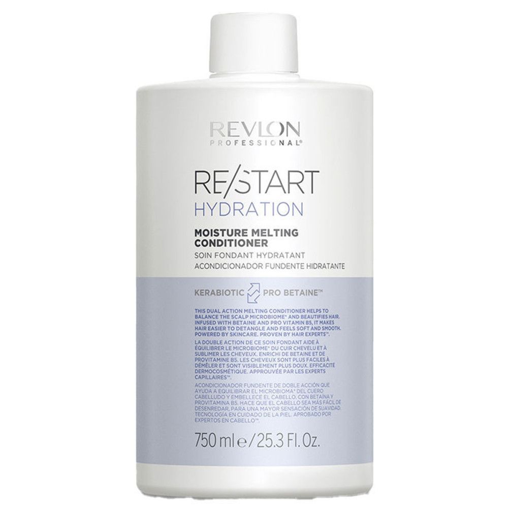 Weißer Conditioner-Behälter. Aufschrift: Revlon Re-Start Hydration, Moisture Melting Conditioner. 750 ml.
