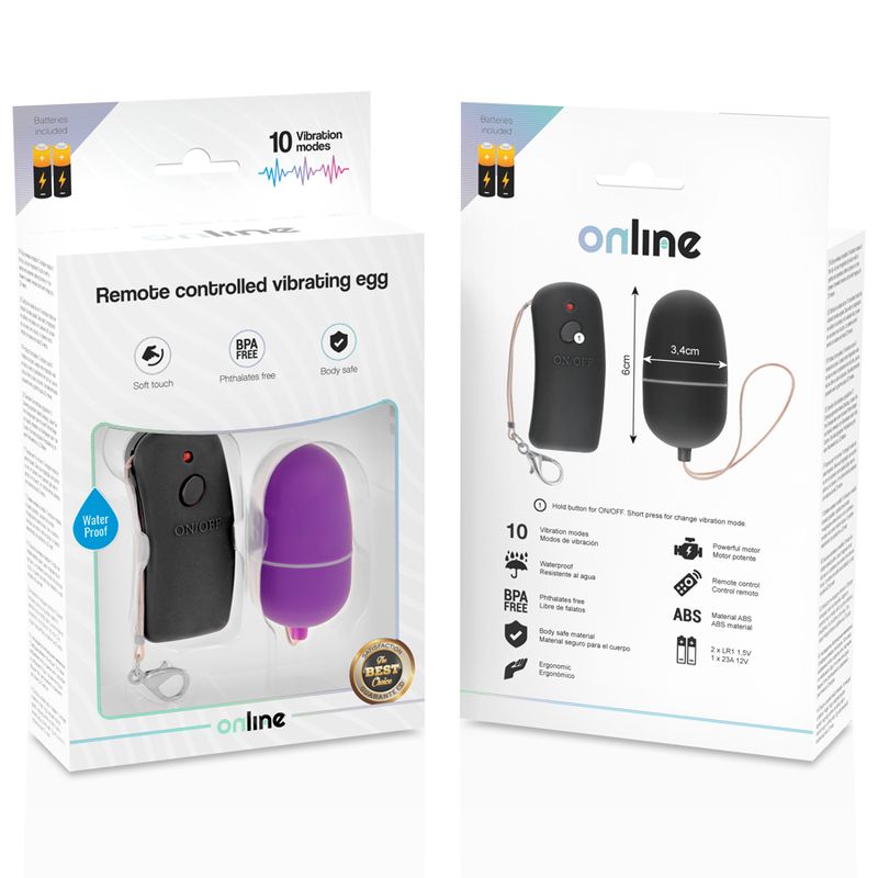 Verpackung mit Produkt: lila Ei, schwarze Fernbedienung. Text: Remote controlled vibrating egg, online. 10 Modi.