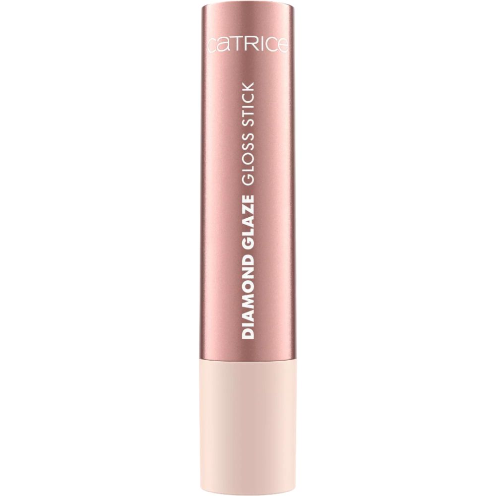 Catrice Diamond Glaze Gloss Stick. Rosa Lippenstift mit roségoldener Hülse. Produktname und Marke sichtbar.