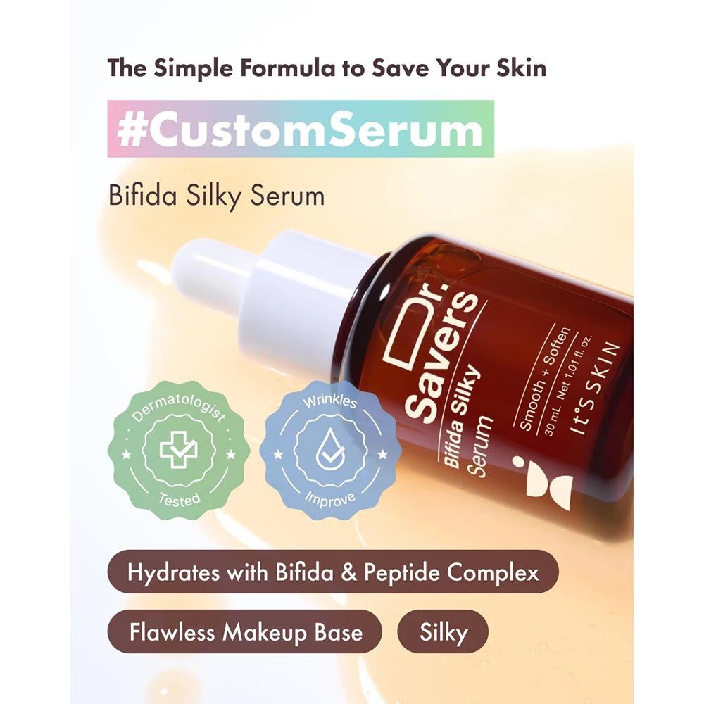 Braune Glasflasche mit Pipette für Bifida Silky Serum von Dr. Savers. Enthält 30 ml.