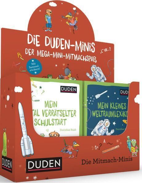 Buchdisplay mit zwei Büchern. Titel: Mein verrätselter Schulstart und Mein kleines Weltraumlexiko. Aufschrift: Duden, Die Duden-Minis.