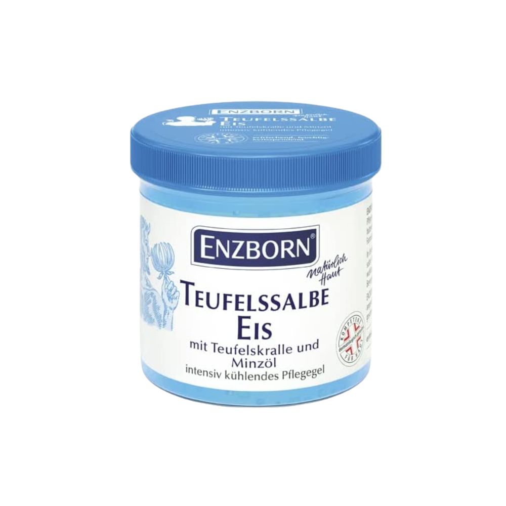 Vasetto blu con coperchio. Scritta: ENZBORN, Teufelssalbe Eis. Con artiglio del diavolo e olio di menta. Gel rinfrescante per la cura.