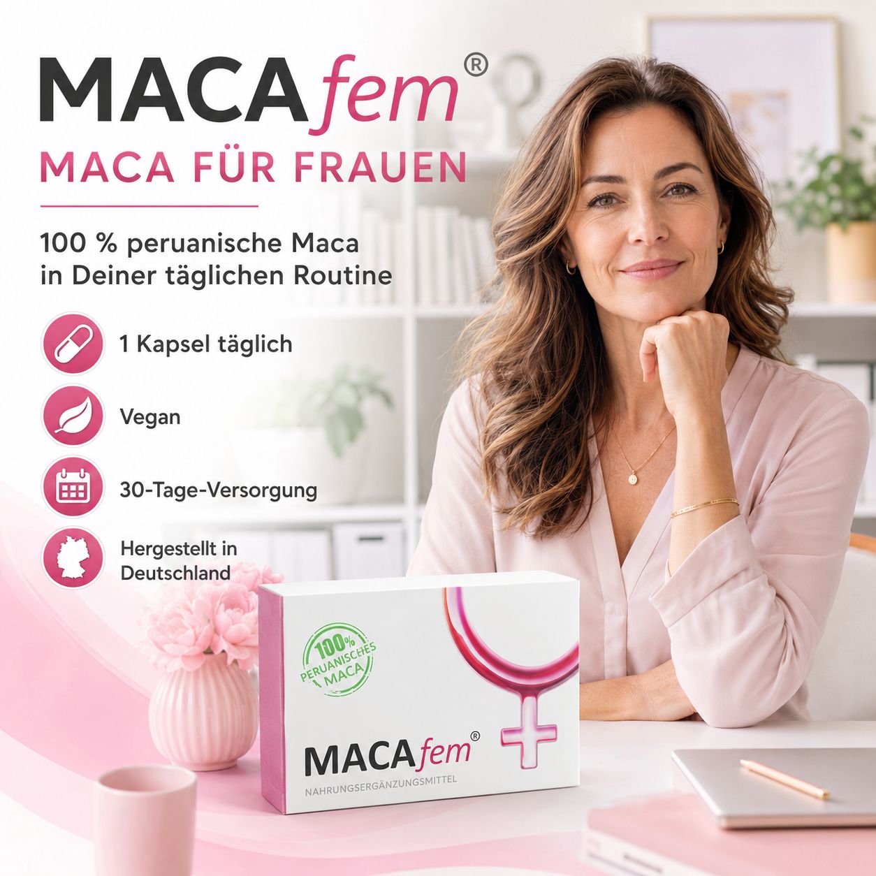 MACAfem Kapseln: 100% peruanisches Maca, 30 Kapseln. Für Frauen.