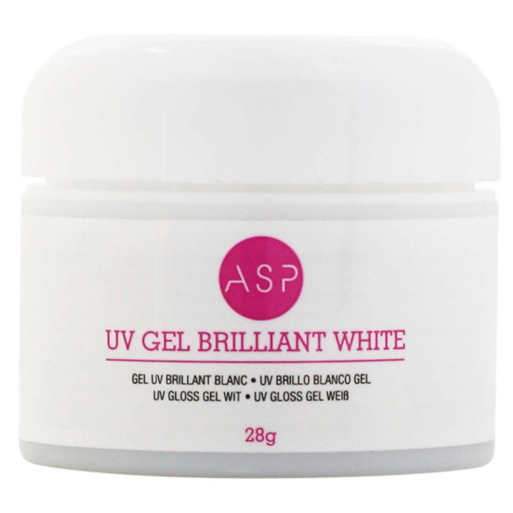 Weißes Tiegel mit ASP-Logo und Aufschrift UV Gel Brilliant White. Enthält 28g. Mehrsprachige Produktbezeichnungen.