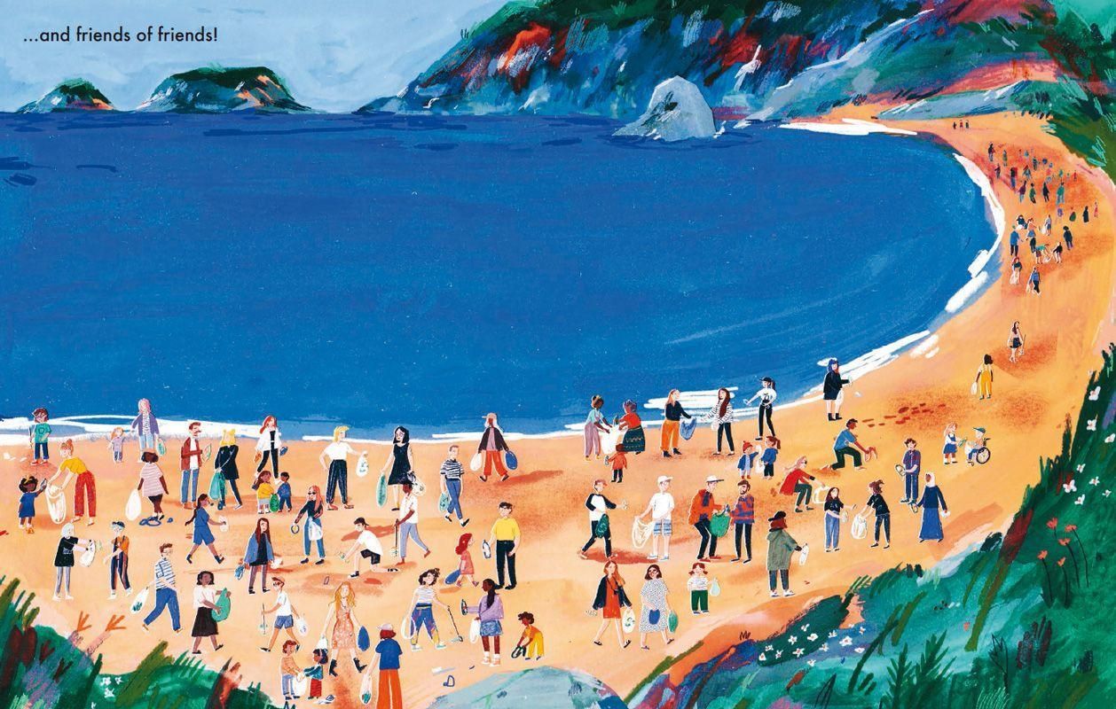 Buchillustration: Strandansicht mit vielen Menschen. Küstenlinie im Hintergrund. Text: "...and friends of friends!"