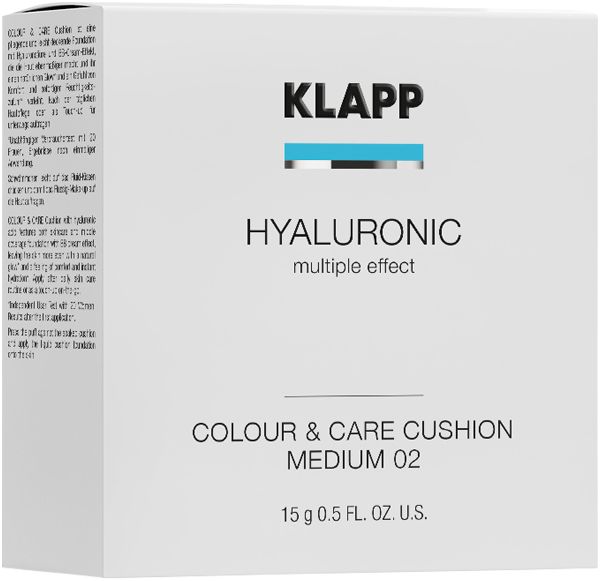 Klapp Hyaluronic Cushion. Weiße Verpackung mit Produktinformationen. Schriftzug: HYALURONIC multiple effect, COLOUR & CARE CUSHION MEDIUM 02.