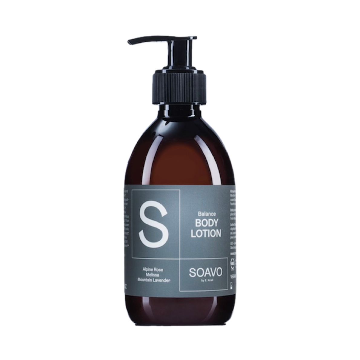 Braune Flasche mit schwarzem Pumpkopf. Auf dem Etikett steht "Balance Body Lotion" und "SOAVO".