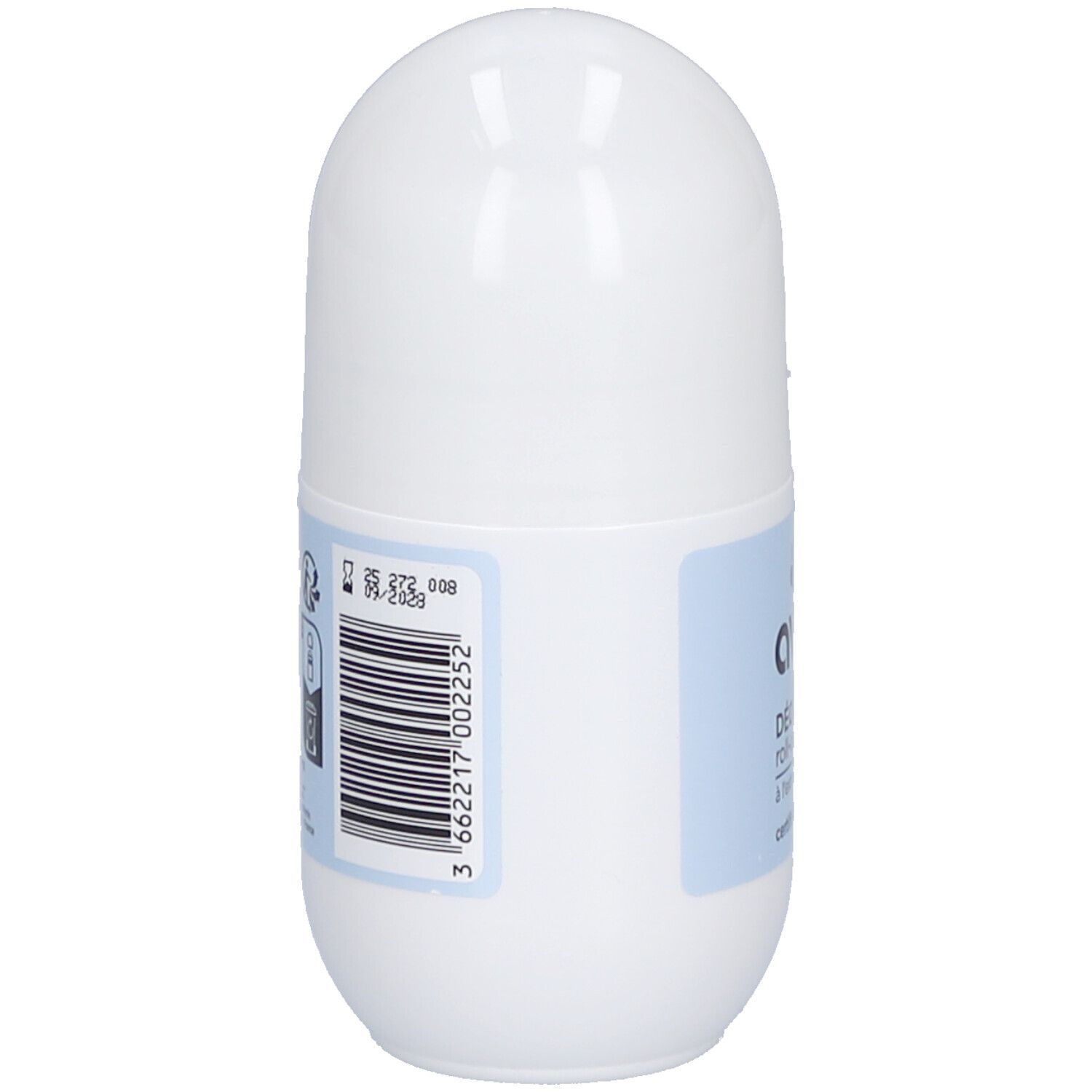 Weiße Roll-on-Deodorantflasche mit blauem Etikett und Barcode.