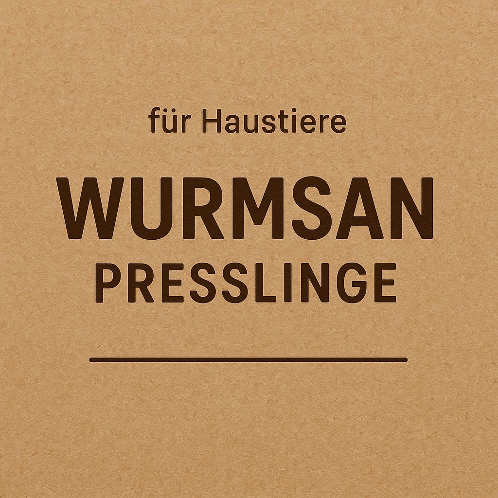 Brauner Hintergrund mit Schriftzug: für Haustiere, Wurmsan Presslinge.
