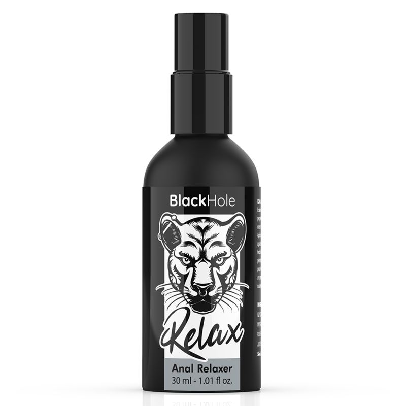 Schwarze Flasche mit Pumpe, Aufschrift "BlackHole Relax Anal Relaxer", 30 ml.